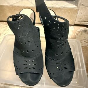 Marc Fisher Black Laser-Cut Peep-Toe Ankle Strap Heels